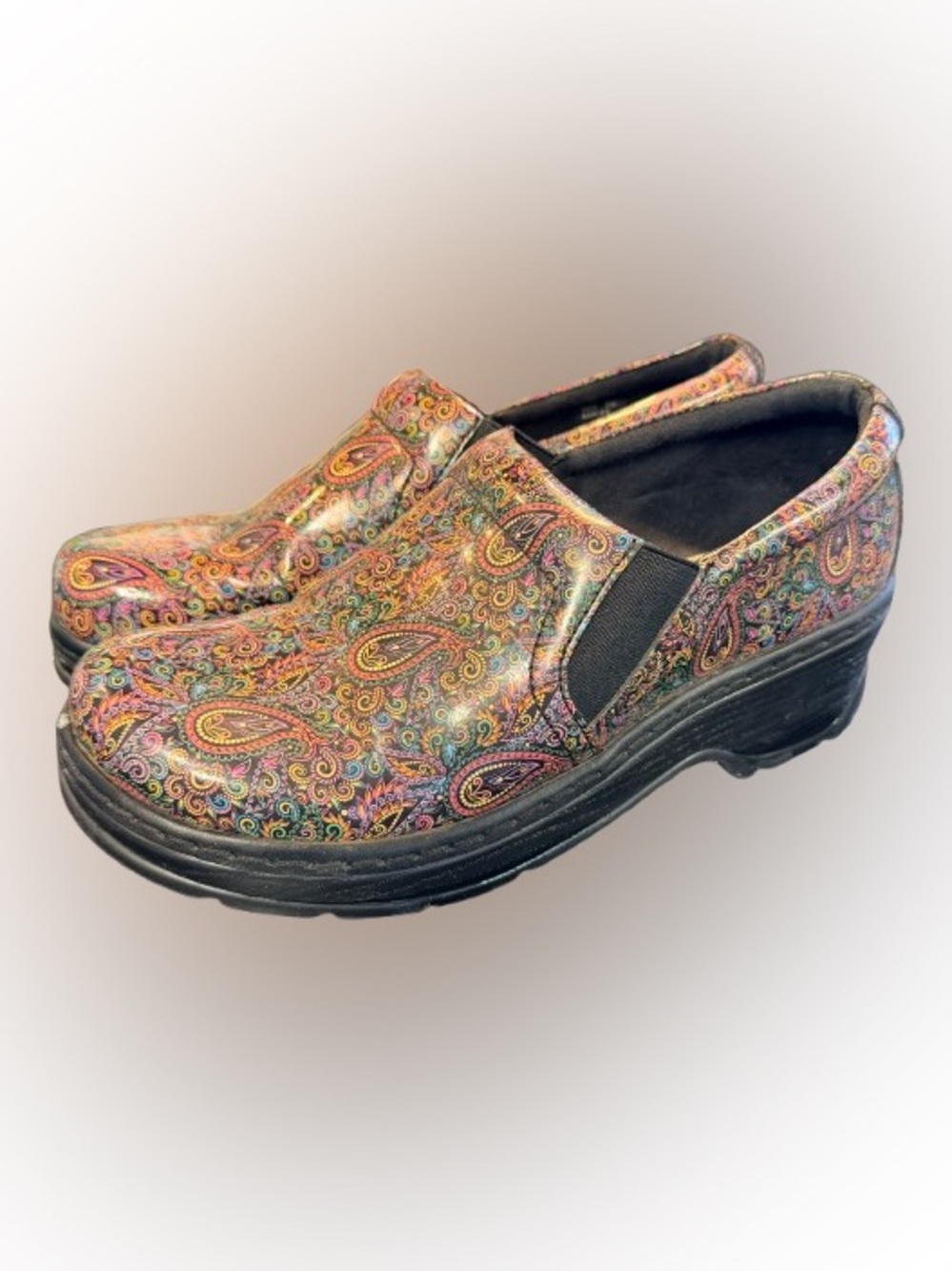 Colorful Paisley Klogs Leather Clogs Slip On Comfort Nursing Shoes Size 8M